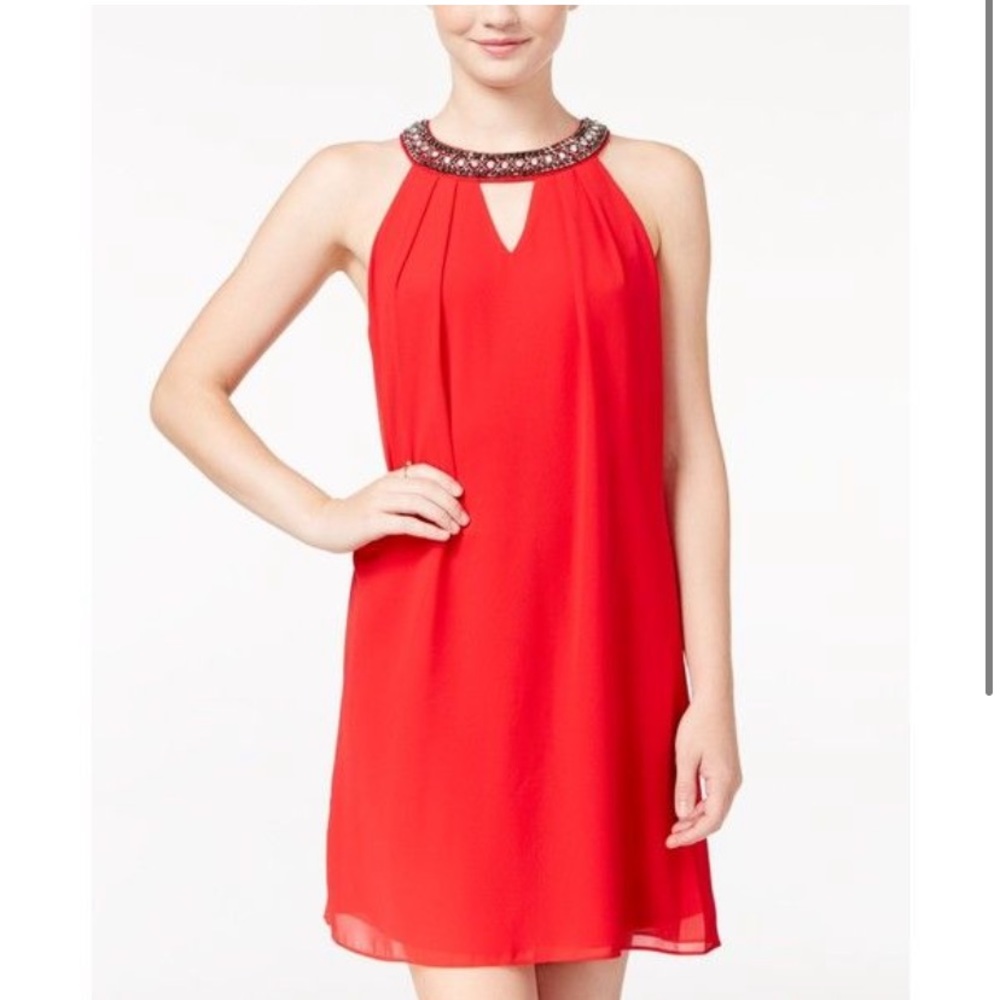 Red Dress with Jewel Neckline and Open Back